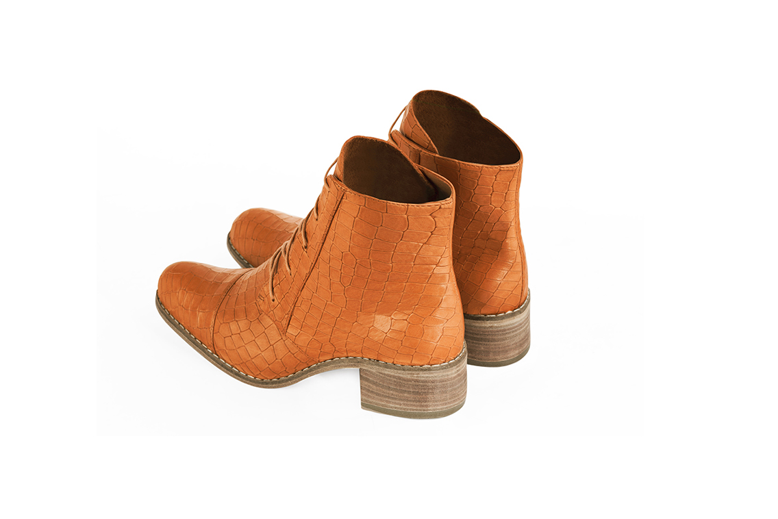 Apricot orange women's ankle boots with laces at the front. Round toe. Low leather soles. Rear view - Florence KOOIJMAN